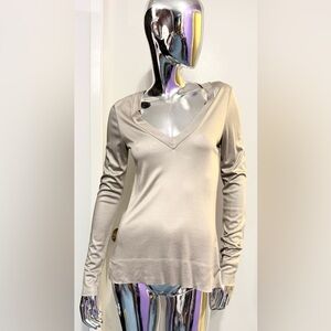 Reiss - Taupe Long Sleeve Women's Silky Knit Top - plunging neckline